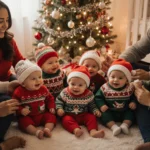 Newborn babies giggling with caregivers while a softly lit Christmas tree glows beside a quilted blanket surrounded by holida