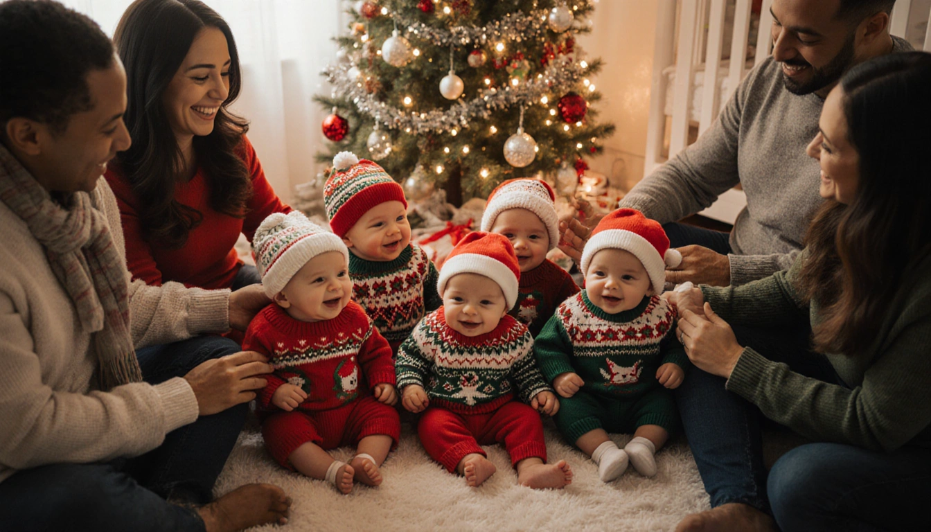 Newborn babies giggling with caregivers while a softly lit Christmas tree glows beside a quilted blanket surrounded by holida