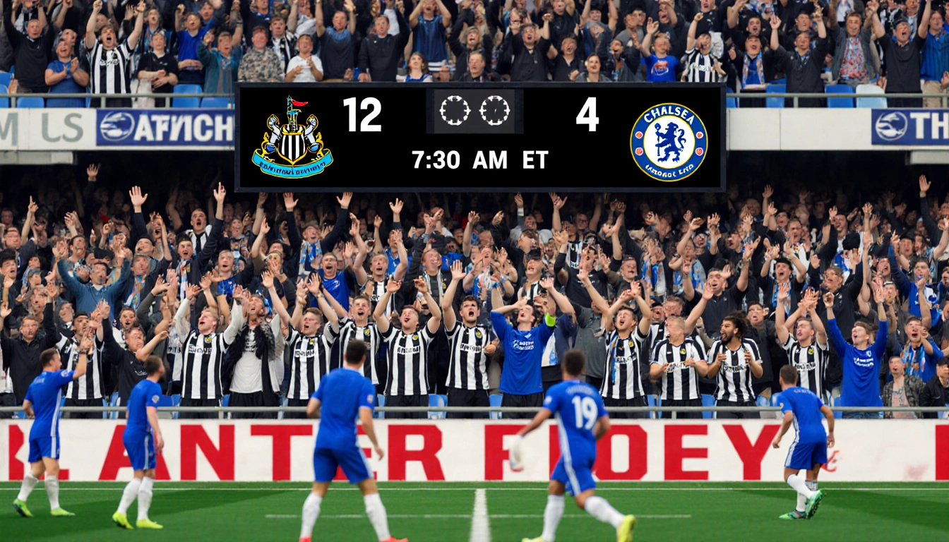 Newcastle fans cheering in a packed soccer stadium with Chelsea players in blue and a scoreboard showing 12th and 4th place.