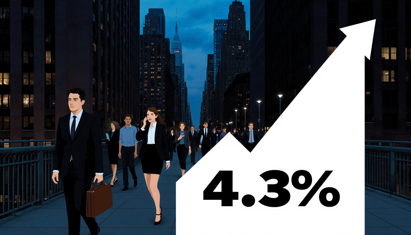 Businessman holding briefcase with skyscrapers and bold chart showing 4.3% growth