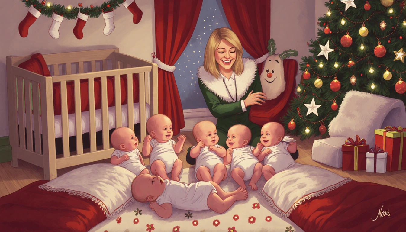 Heather Ormand holding a newborn with a warm smile amid holiday lights and a Christmas tree