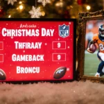 Scoreboard shows NFL Christmas schedule with red numbers and football icons in light beside a framed photo of Chris Oladokun