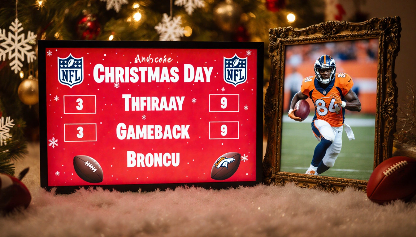 Scoreboard shows NFL Christmas schedule with red numbers and football icons in light beside a framed photo of Chris Oladokun