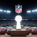 Nine footballs arranged on a podium with a football keyhole under stadium lights with the NFL playoffs logo above.