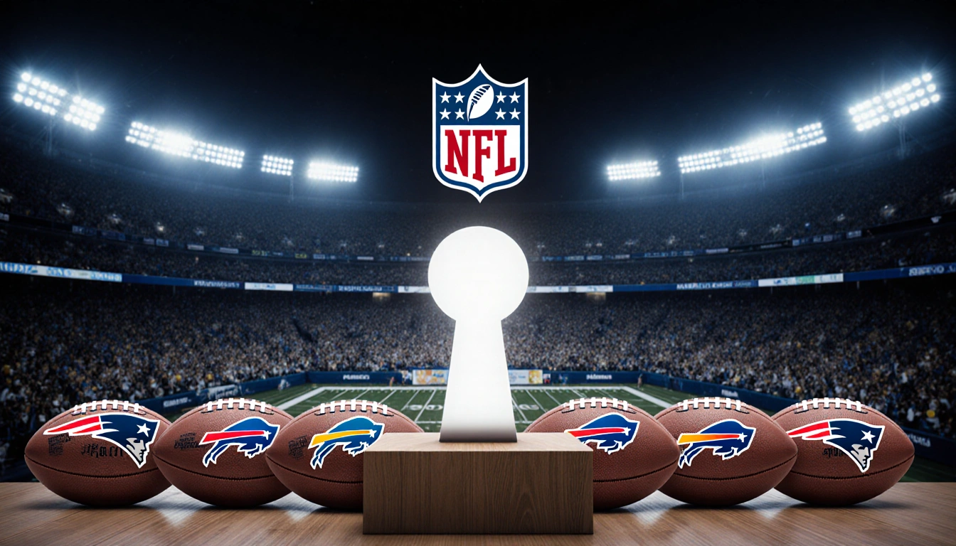 Nine footballs arranged on a podium with a football keyhole under stadium lights with the NFL playoffs logo above.