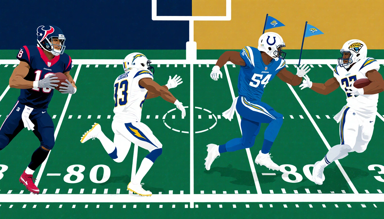 Texans tackle opponent on left field with navy blue jersey and Jaguars sprint on right field with teal uniform in NFL.