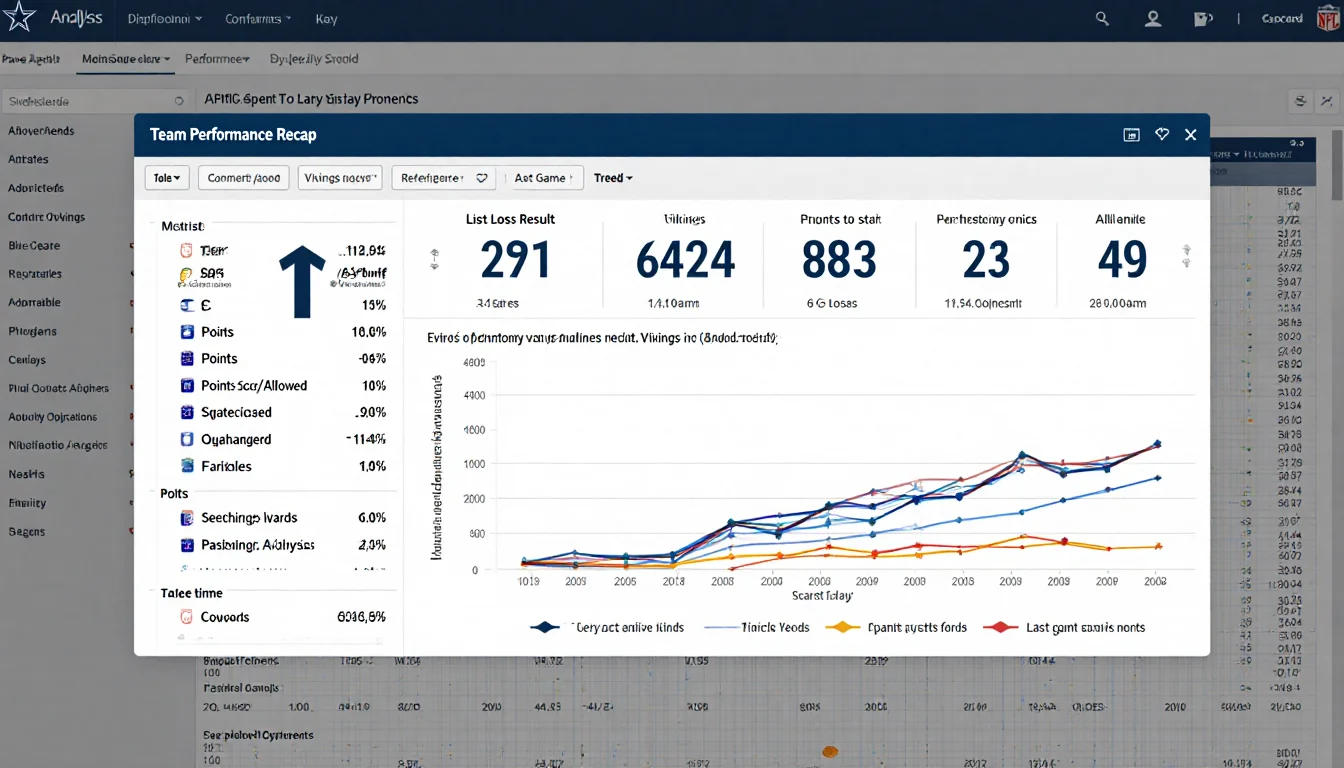 Dashboard shows NFL stats with wins-loss points passing yards vs Cowboys and a trend graph of Vikings vs Cowboys game