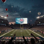 Cheering fans fill a football stadium at dusk with a scoreboard flashing FINAL SHOWDOWN and confetti floating overhead.