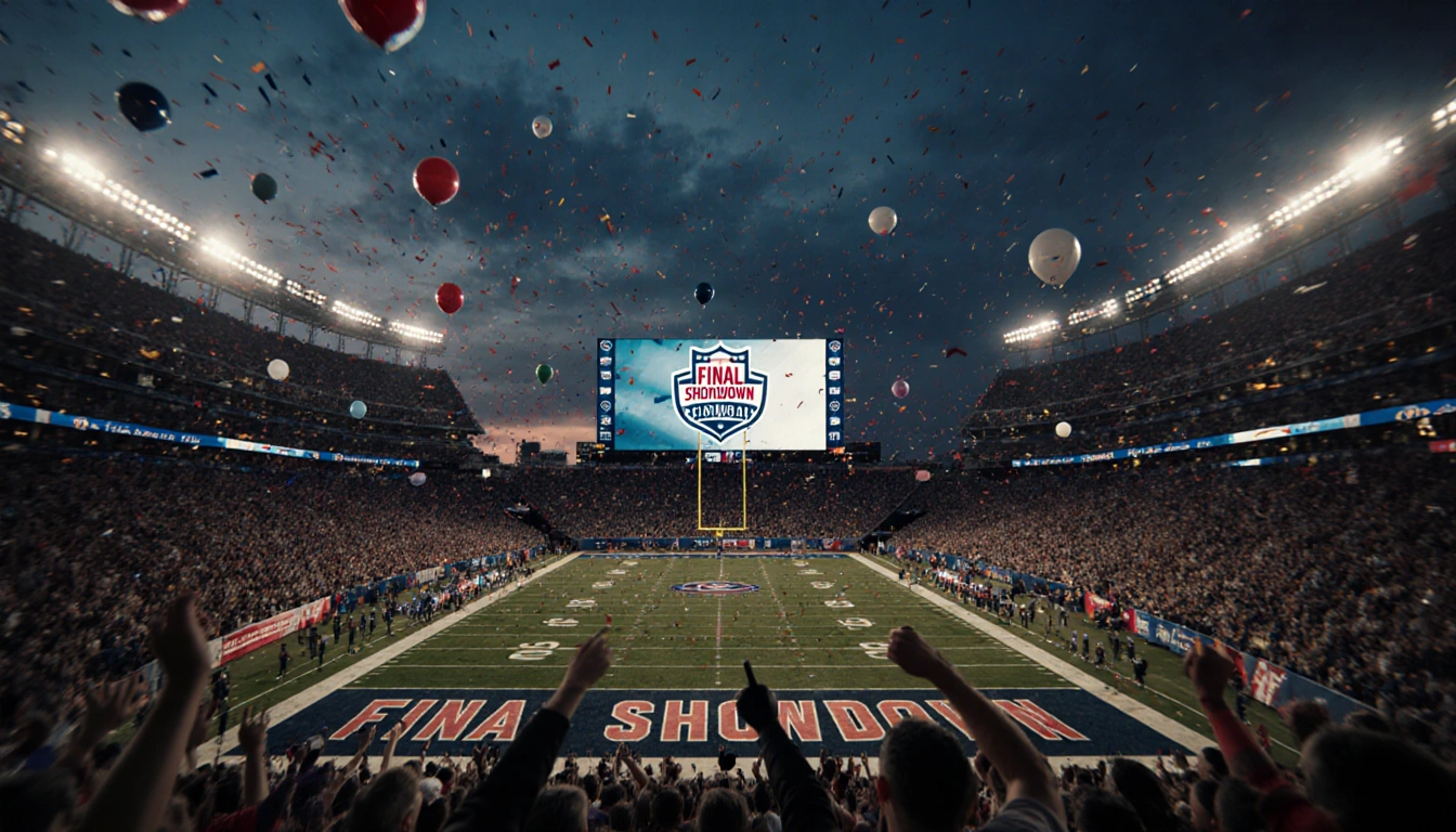Cheering fans fill a football stadium at dusk with a scoreboard flashing FINAL SHOWDOWN and confetti floating overhead.