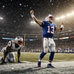 Buffalo Bills quarterback celebrates touchdown with snowy stadium backdrop and defeated Patriots players on sidelines