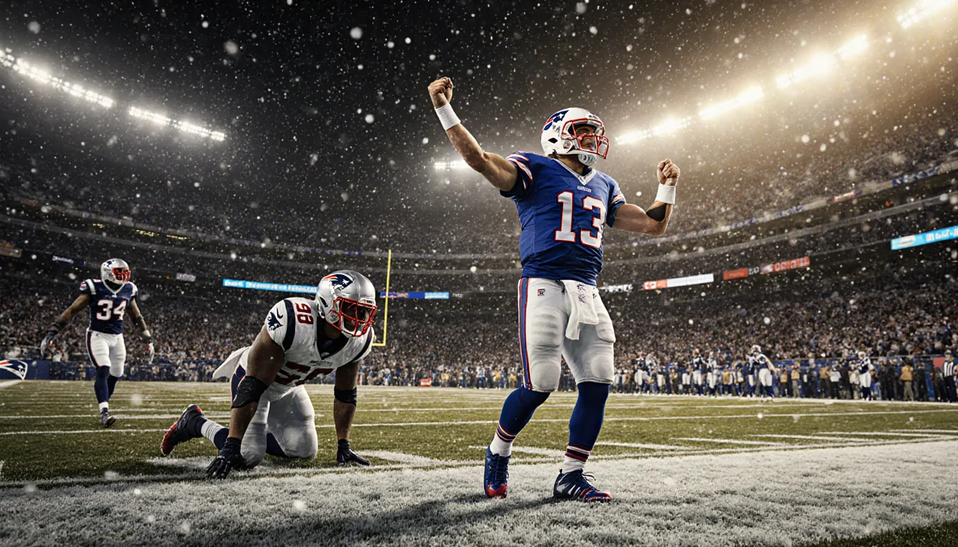 Buffalo Bills quarterback celebrates touchdown with snowy stadium backdrop and defeated Patriots players on sidelines