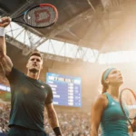 Nick Kyrgios raises his racket in victory with the Dubai scoreboard glowing and Aryna Sabalenka falling near the court tennis