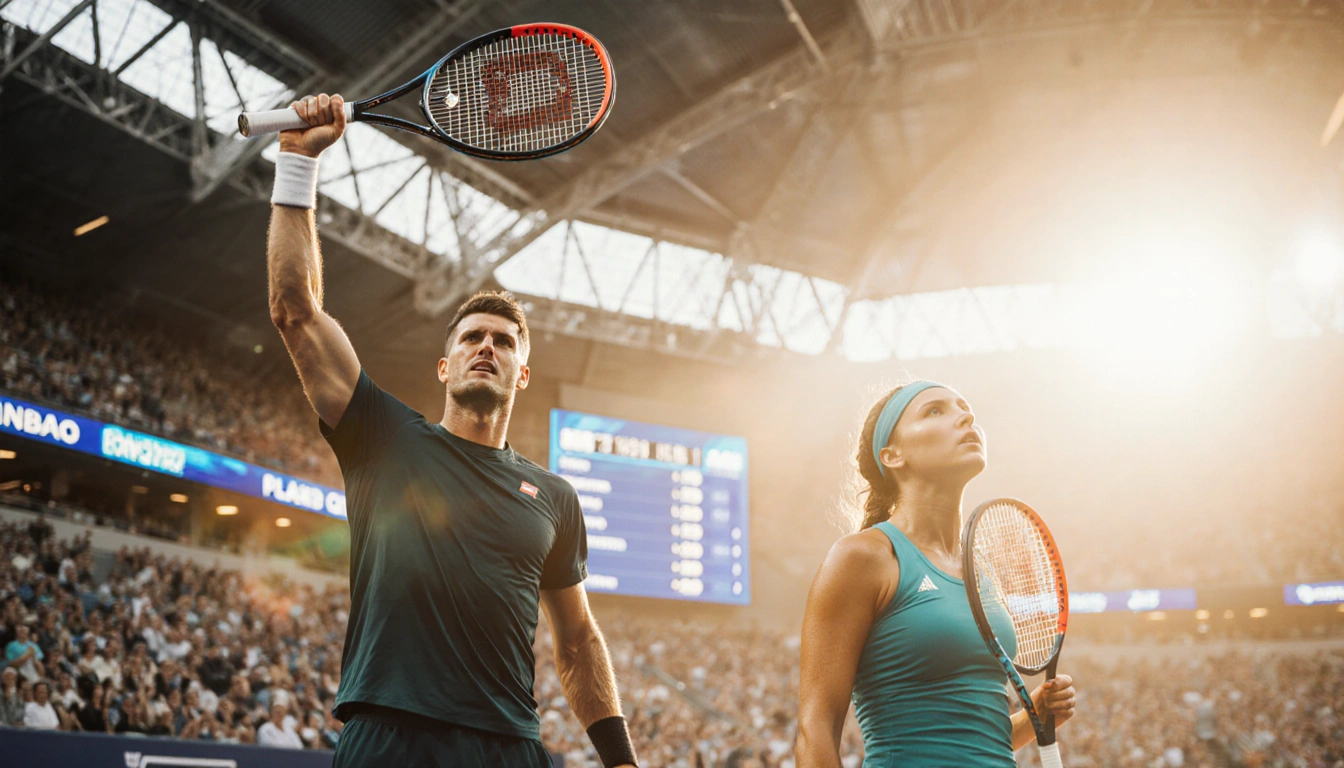 Nick Kyrgios raises his racket in victory with the Dubai scoreboard glowing and Aryna Sabalenka falling near the court tennis