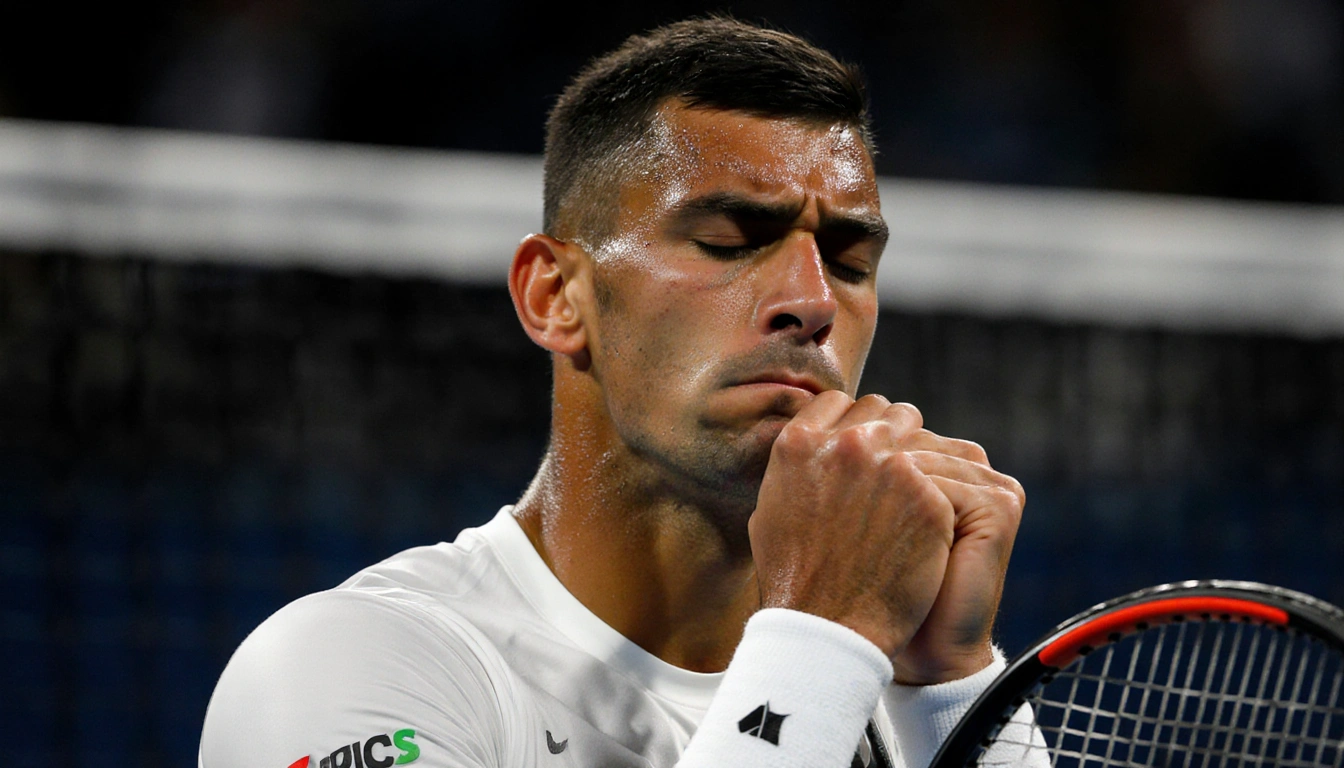 Nick Kyrgios tightening racket grip with closed eyes and tense expression on dimly lit tennis court