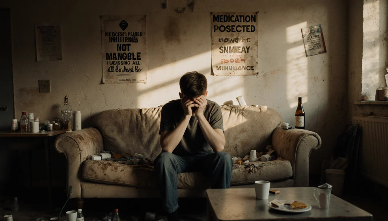 Teen Nick Reiner sits on worn couch with head in hands in rehab room with medication bottles.