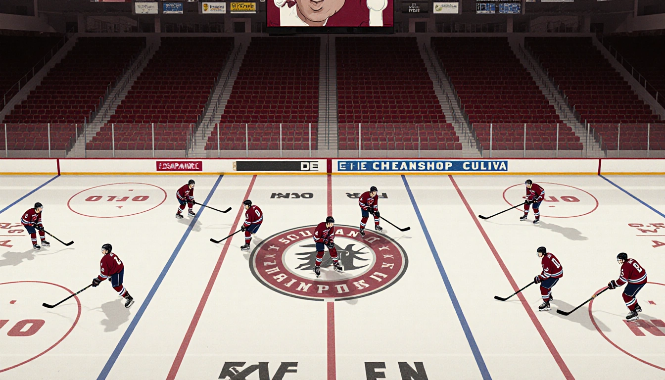 Hockey players skating mid-motion on a rink with a subtle football field overlay and a faint stadium in the background