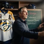 Nick Saban stands in the Nashville Predators locker room with a whiteboard with logo and chalk notes featuring Alabama colors