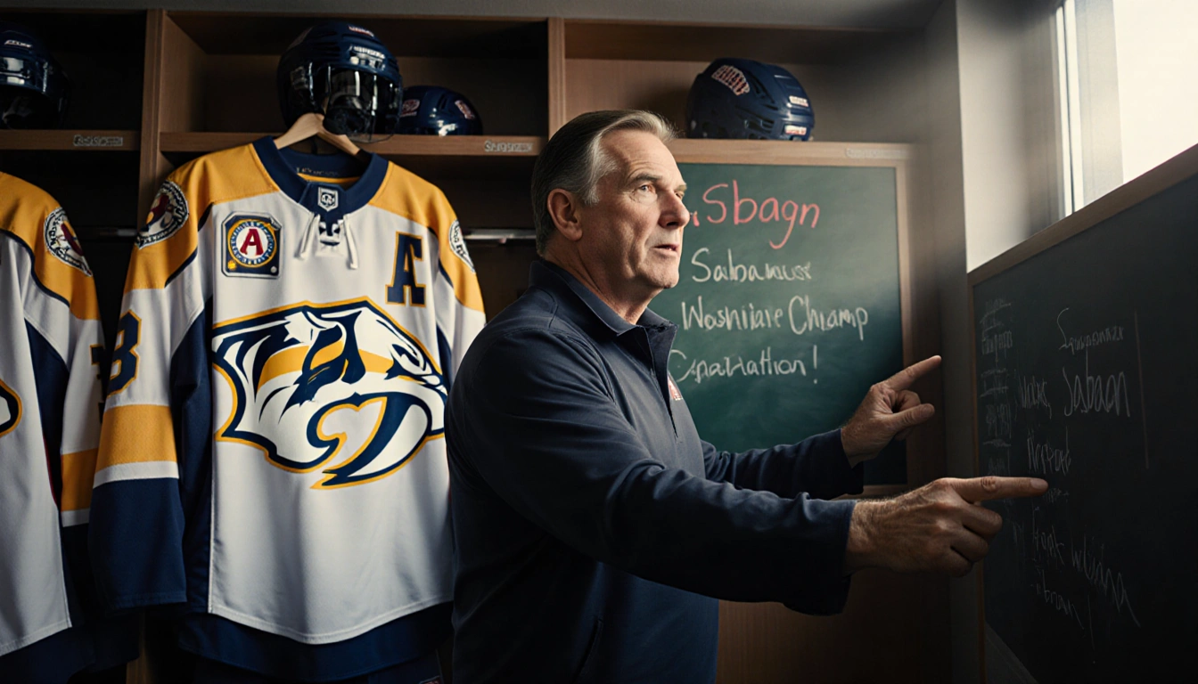 Nick Saban stands in the Nashville Predators locker room with a whiteboard with logo and chalk notes featuring Alabama colors