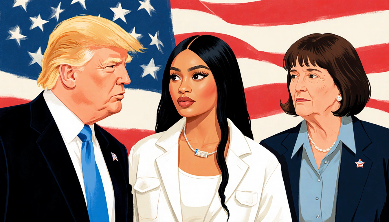Nicki Minaj stands with Donald Trump and Marjorie Taylor Greene looking at her while Vance watches from background