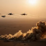 US fighter jets fly over desert with dust plume from impact zone and golden sunset lighting the scene