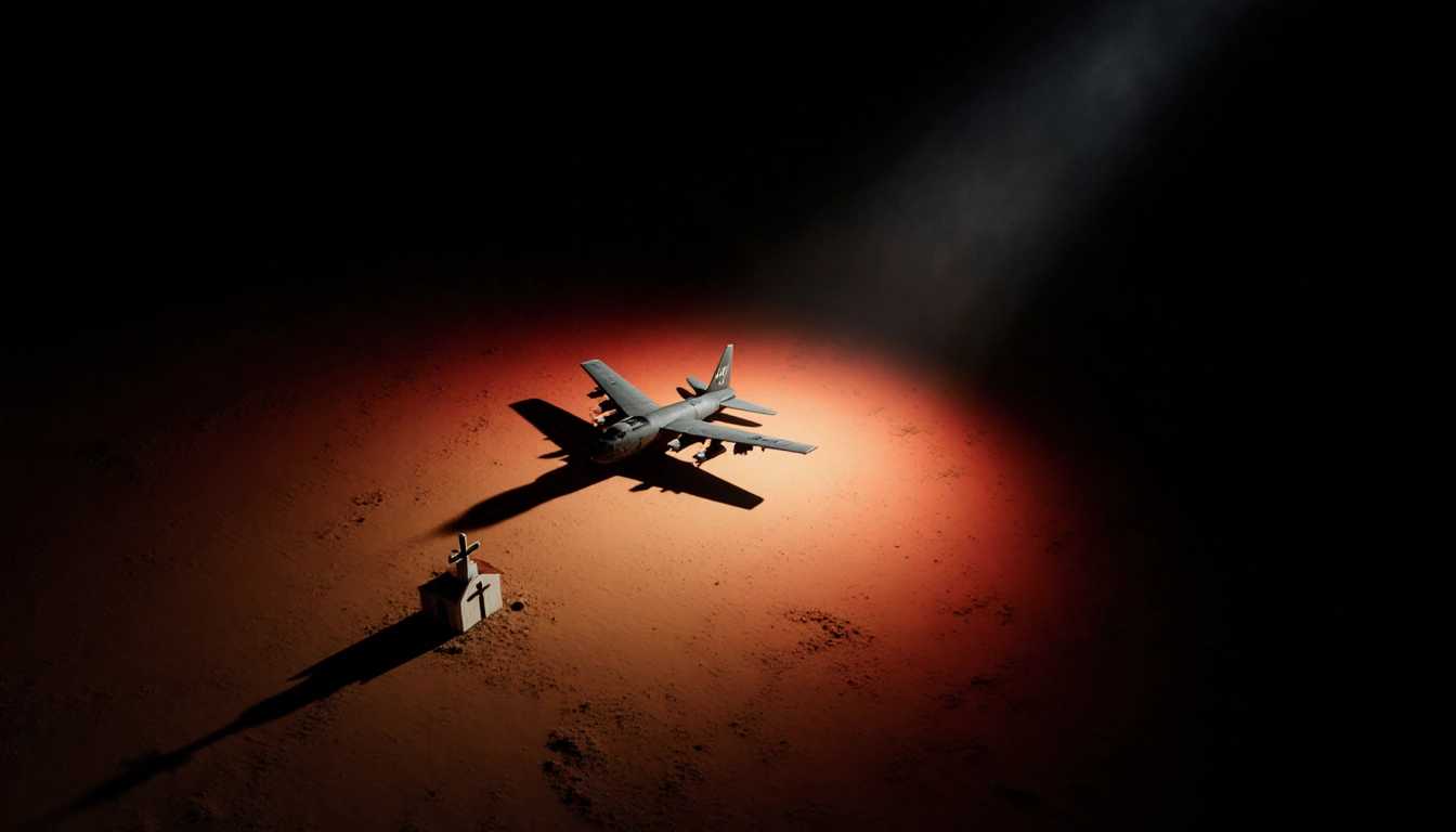 Military aircraft flying low over desert horizon with spotlight and church silhouette in foreground.