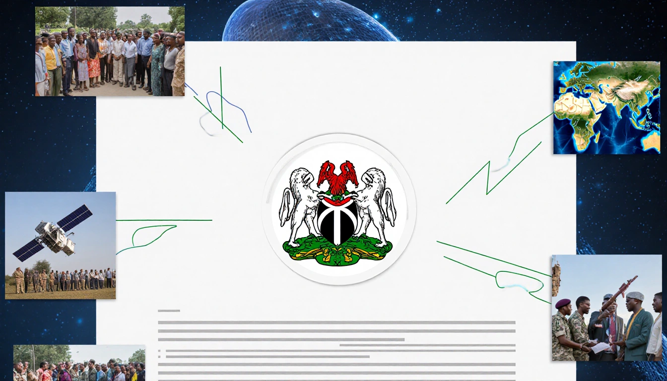 Diplomatic document displays Nigerian crest with intelligence maps and community images in background.