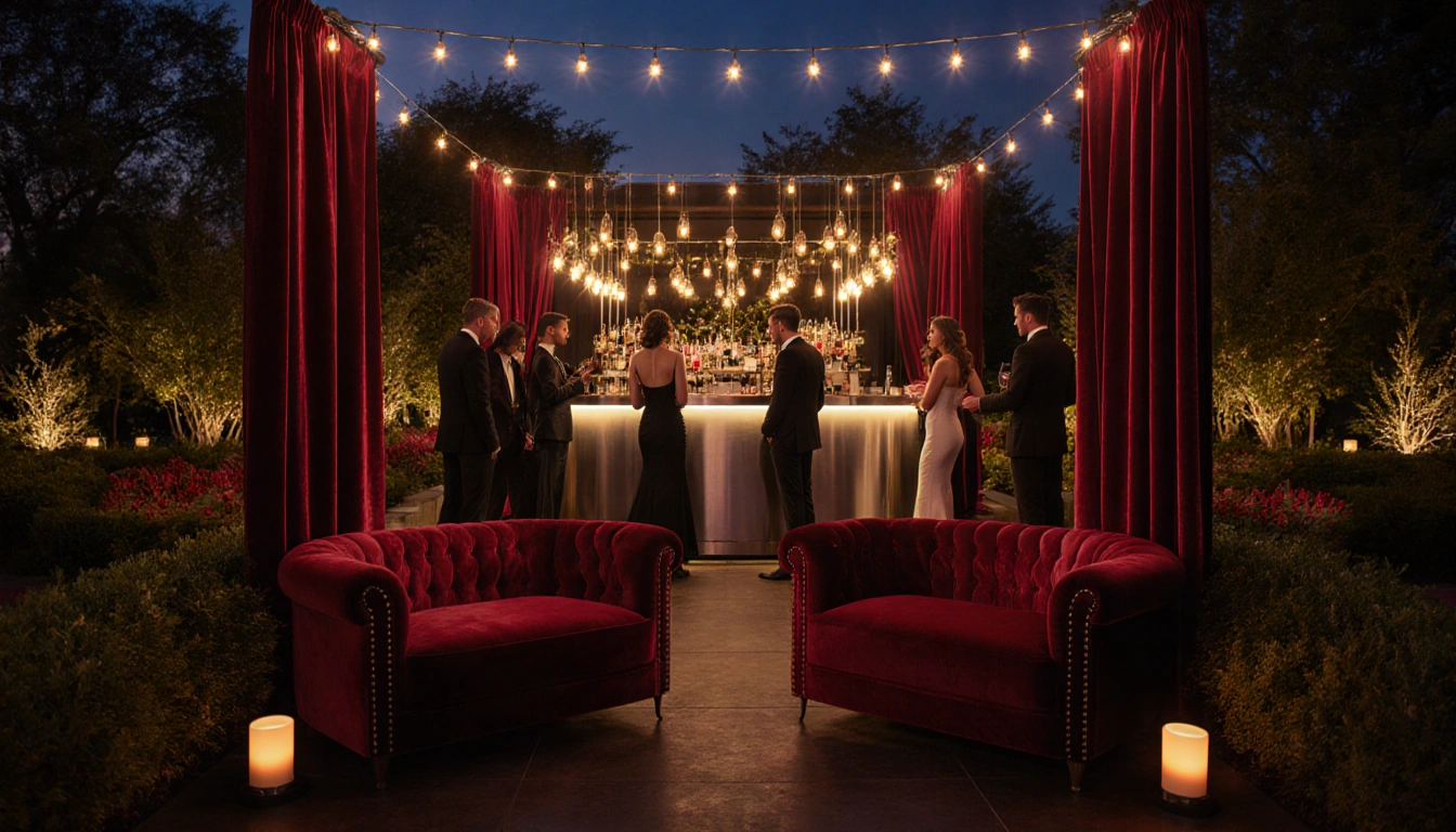 Guests mingle at a sleek silver bar with golden lights and the glowing Night Glow garden backdrop