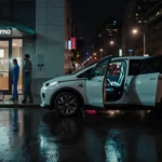 Waymo autonomous vehicle parked near a San Francisco hospital entrance with doors ajar and a stroller inside.