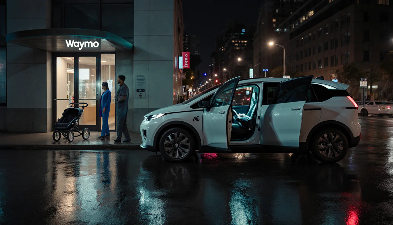 Waymo autonomous vehicle parked near a San Francisco hospital entrance with doors ajar and a stroller inside.
