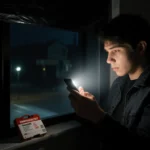 Person holding flashlight and checking phone against window with black plastic cover and emergency kit in night power outage.