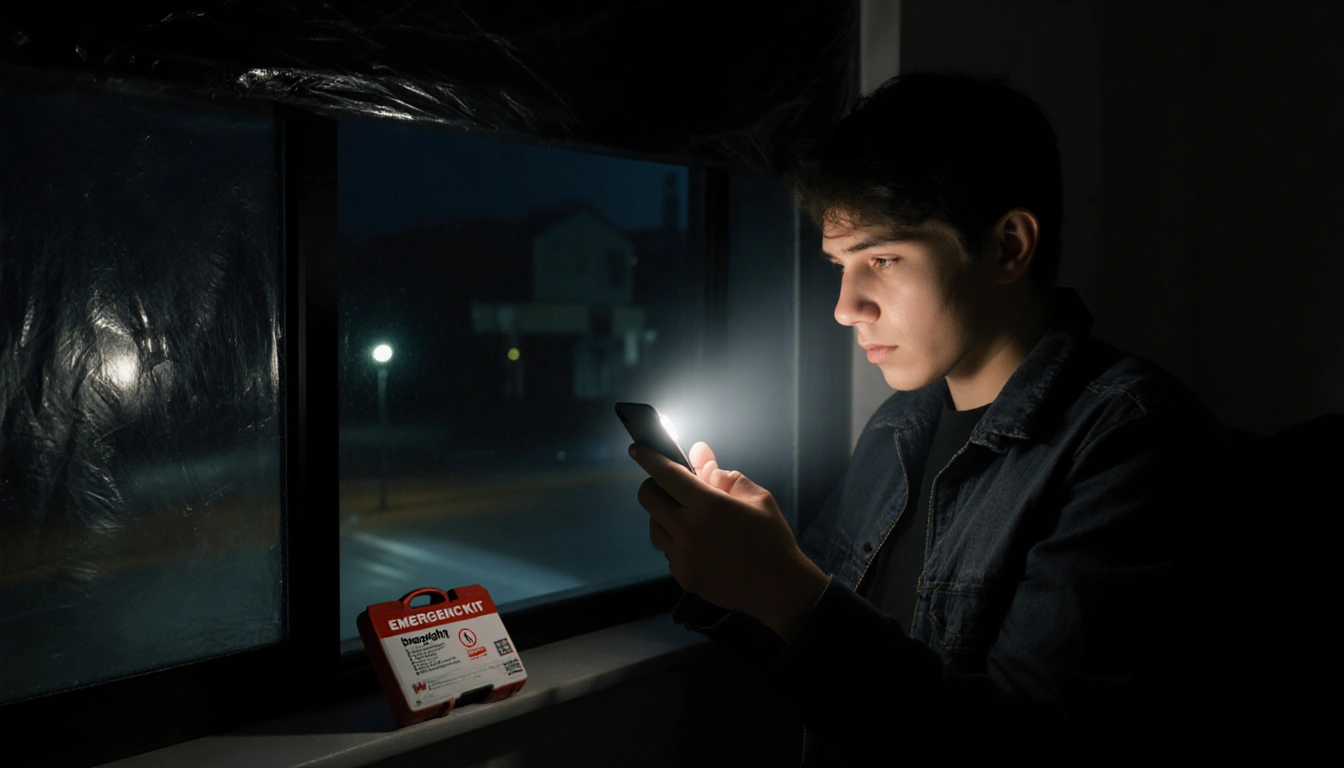 Person holding flashlight and checking phone against window with black plastic cover and emergency kit in night power outage.