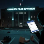 Thief swooping stolen item with phone glow and police building backdrop outside parking lot nighttime