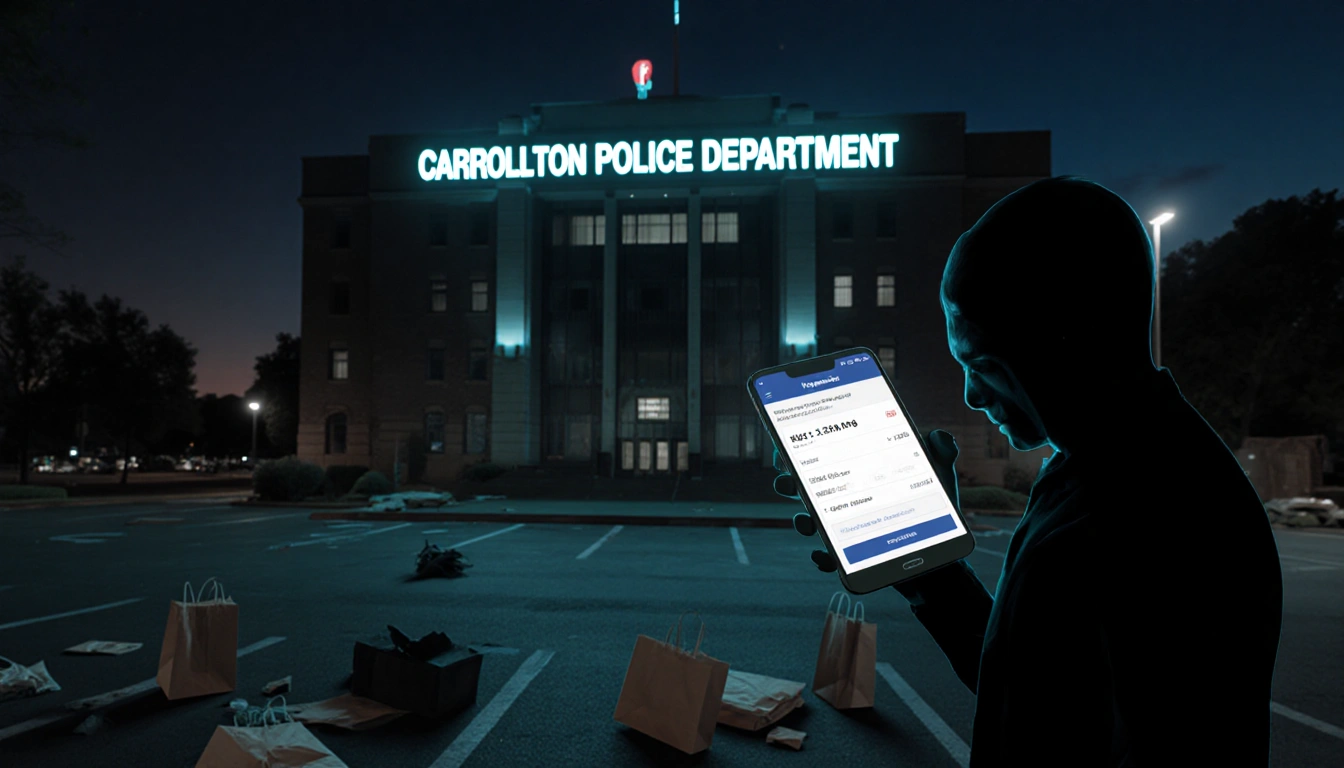 Thief swooping stolen item with phone glow and police building backdrop outside parking lot nighttime