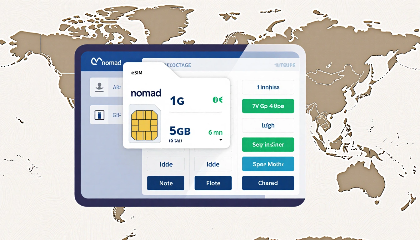 Laptop showing Nomad eSIM card with 5GB 6 months plan and world map background