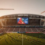 AT&T Stadium gleaming under sunset with World Cup banners and construction workers in North Texas.