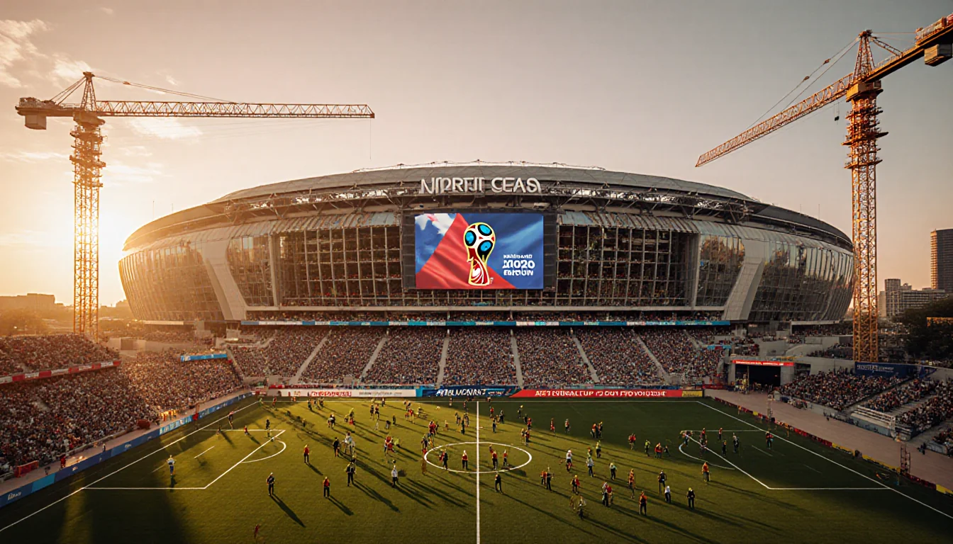 AT&T Stadium gleaming under sunset with World Cup banners and construction workers in North Texas.