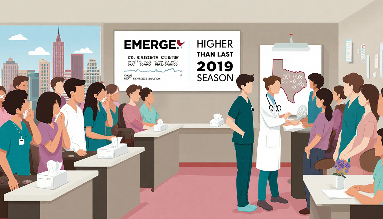 Dr. Joseph Chang examines patients in a crowded Dallas ER with a whiteboard showing higher flu stats and Texas skyline behind