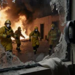 Hazmat responders rushing toward blazing inferno with shattered glass window and torn white fabric in foreground.