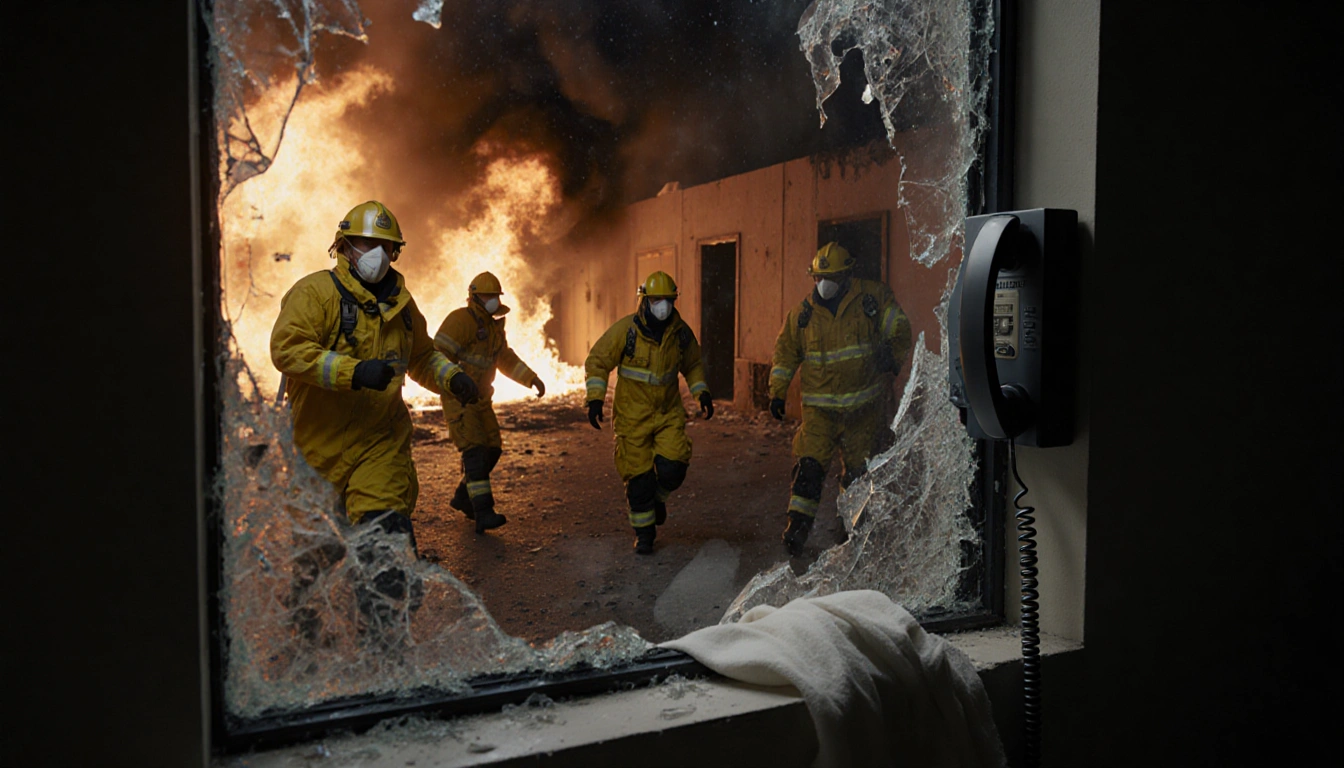 Hazmat responders rushing toward blazing inferno with shattered glass window and torn white fabric in foreground.