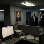 FBI agents watching from cubicle doorway with fluorescent light and dusty file pile inside