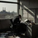 Professional slumped over a chair in a cubicle with scattered papers beside an abandoned factory.