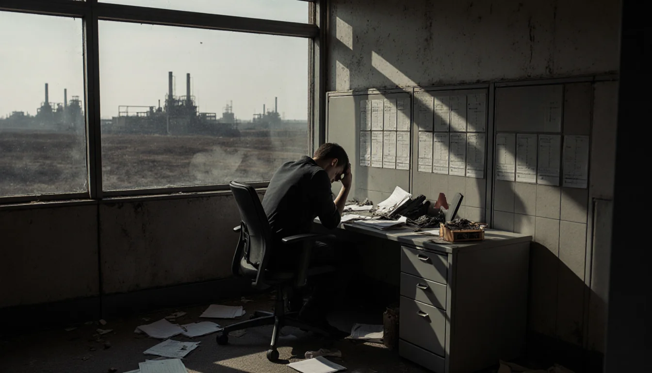 Professional slumped over a chair in a cubicle with scattered papers beside an abandoned factory.