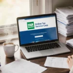 Person filing taxes on laptop with steaming coffee and organized receipts in a natural light home office.