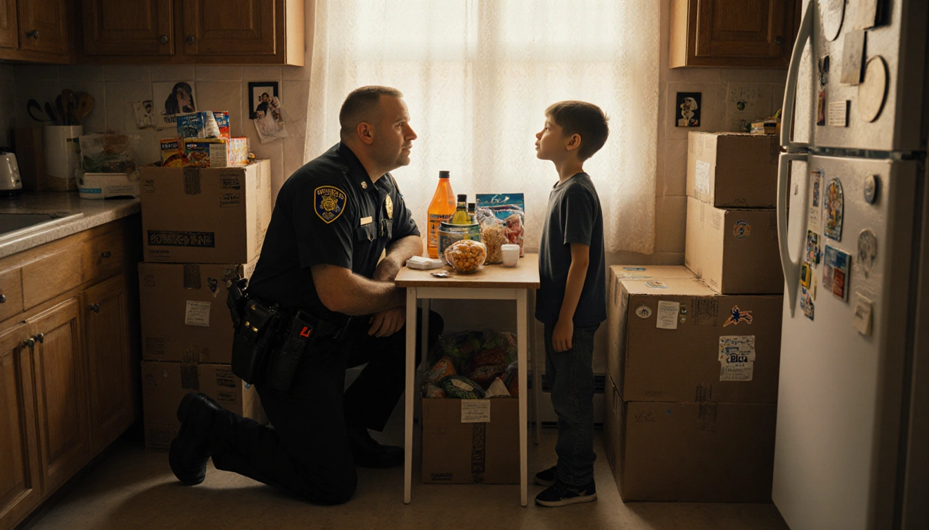Officer kneeling beside a table talking to a hopeful boy with cardboard boxes and warm kitchen light