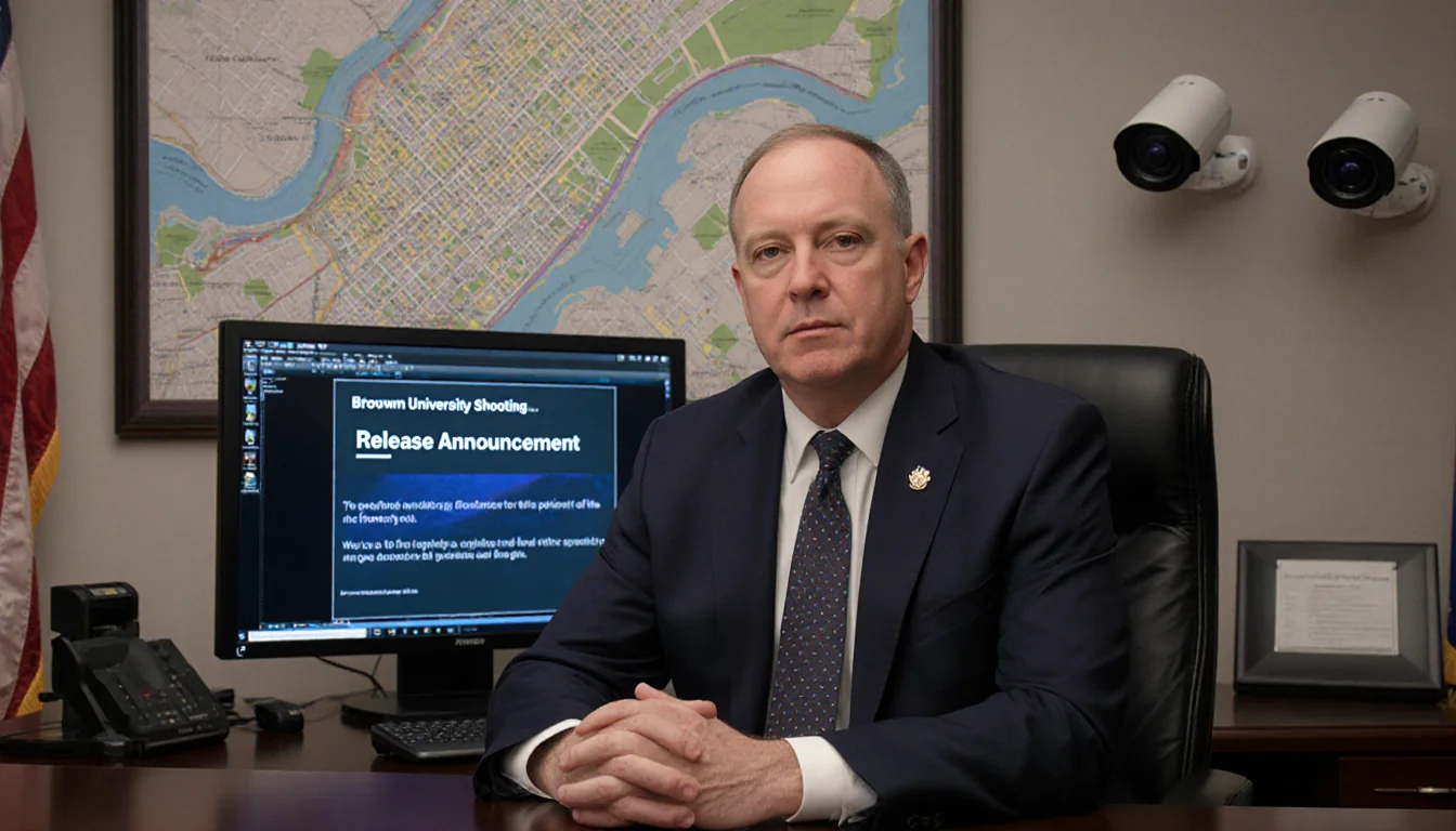 Official seated at desk with Providence city map backdrop and screen showing news headline about Brown University shooting.