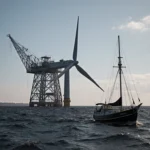 Offshore wind turbine rotating with choppy waters and a distant fishing boat near the fading coastal skyline.