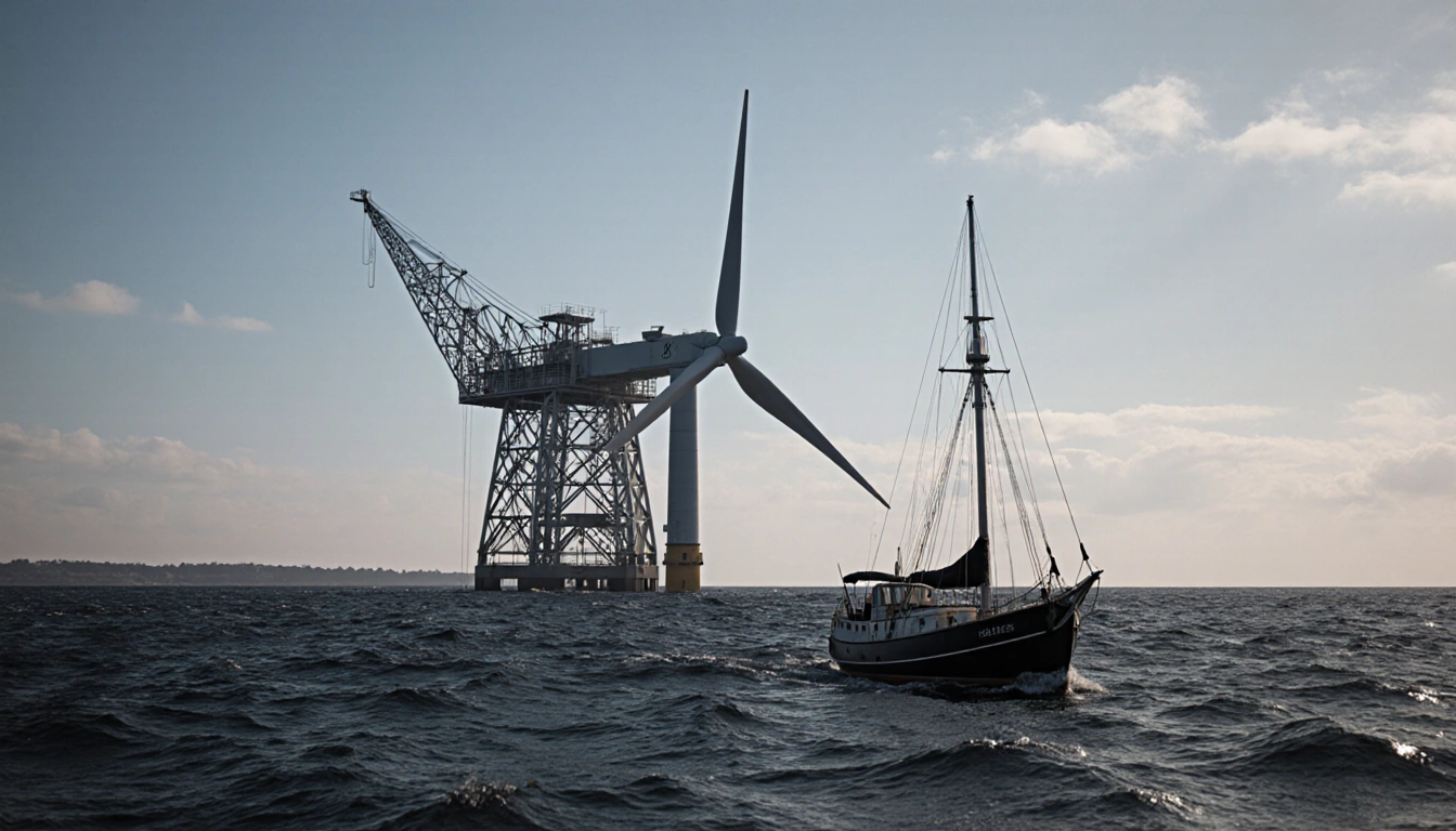 Offshore wind turbine rotating with choppy waters and a distant fishing boat near the fading coastal skyline.