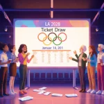 People gathering around a glowing screen with LA 2028 ticket draw details and Olympic tickets scattered.