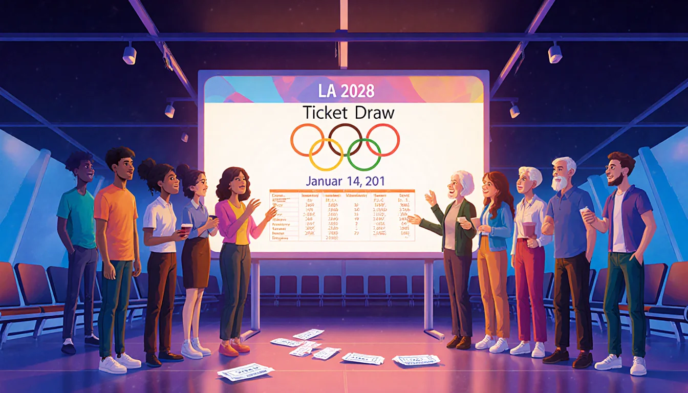 People gathering around a glowing screen with LA 2028 ticket draw details and Olympic tickets scattered.