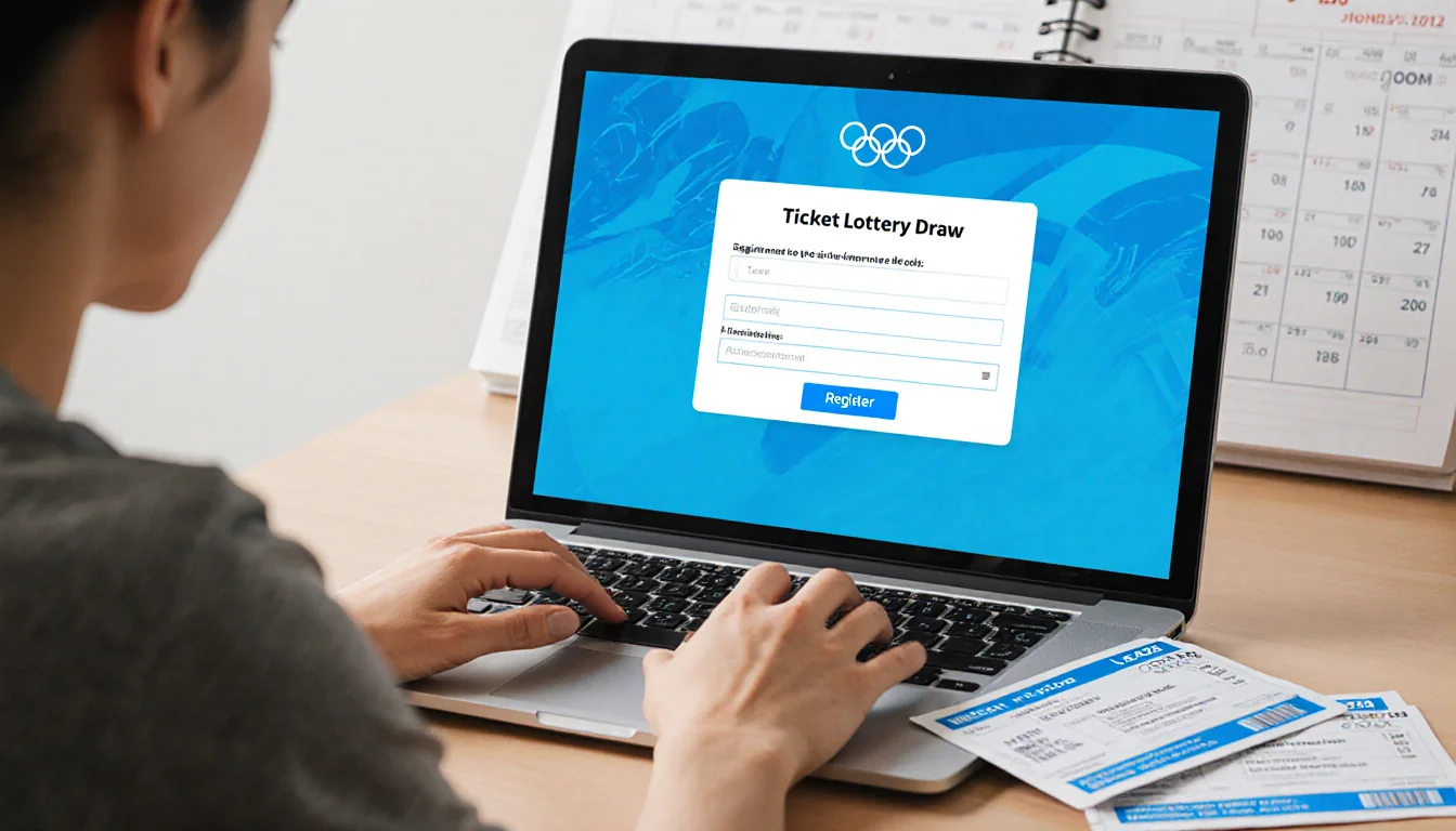 Individual sits at desk with laptop showing registration form and Olympic tickets beside screen awaiting assigned slot.